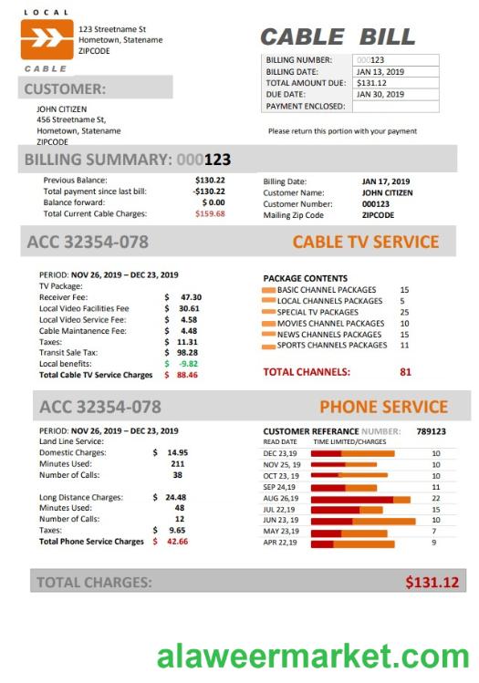 USA Marine Local Cable utility bill template in Word and PDF format (.doc and .pdf)